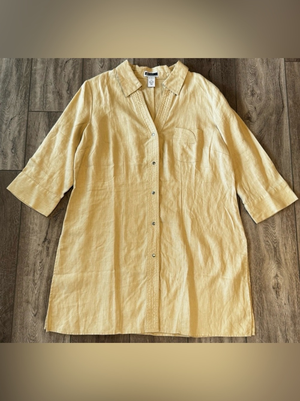 VTG JL Studio 100% Linen Tunic Shirt Dress Wo’s 16 Tan Beach Cover-Up 3/4 Sleeve